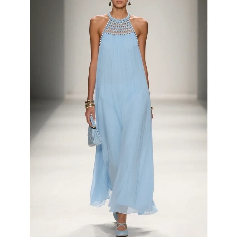 Fehaute Pearl Chiffon Maxi Dress, Braided Neckline, Flowy, Sexy, Halter, Sz 6
